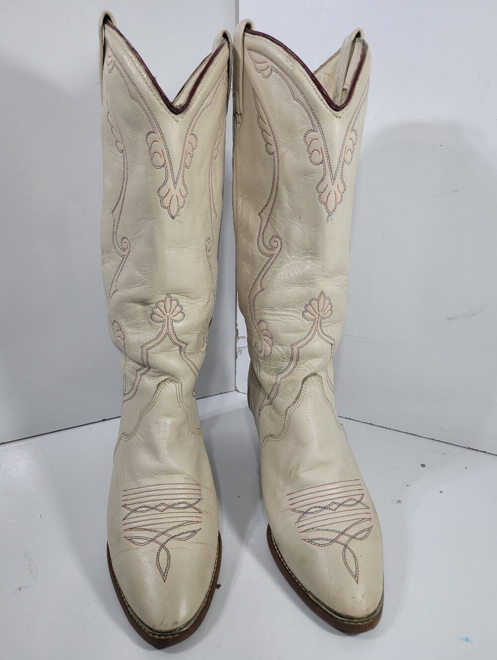 Vtg ACME Cream Leather Cowboy Boots Womens 7.5 M READ Disintegrating Lining